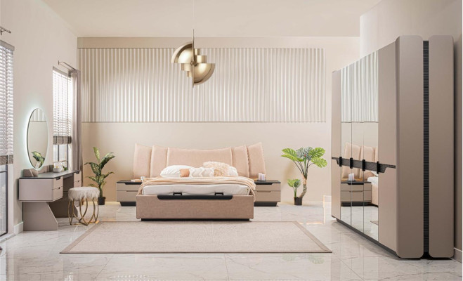 Pilnas guļamistabas divguļamais gults Modern Beige Beds Set 6 gabalas skapis