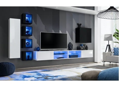 Dzīvojamās istabas komplekts 7 daļās, luksusa dzīvojamās sienas vienība, 6 sienas skapji, TV statīvs, mēbeles.