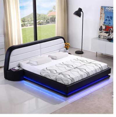 Mūsdienīga koka gulta ar gultas kāju konstrukciju un režģi divguļamā gulta LED 269 cm.