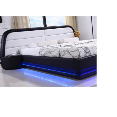 Mūsdienīga koka gulta ar gultas kāju konstrukciju un režģi divguļamā gulta LED 269 cm.