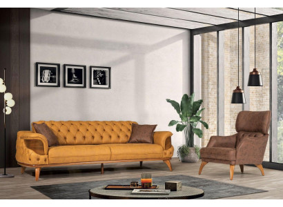 Modernais "Chesterfield" dekorējums ar trīsvietīgu dīvānu, luksusa dīvāna krēslām, dzeltenu 2 gabalu komplektu