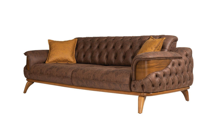 Trīsvietīga dīvāna luksusa sēdekļi Chesterfield ādas brūnā dizaina dzīvojamā istaba.