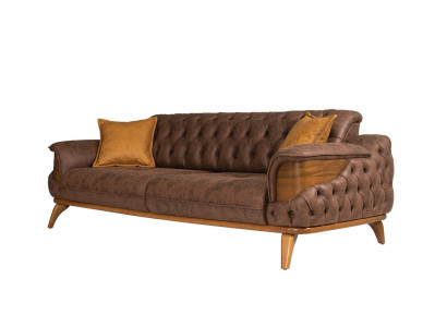 Trīsvietīga dīvāna luksusa sēdekļi Chesterfield ādas brūnā dizaina dzīvojamā istaba.