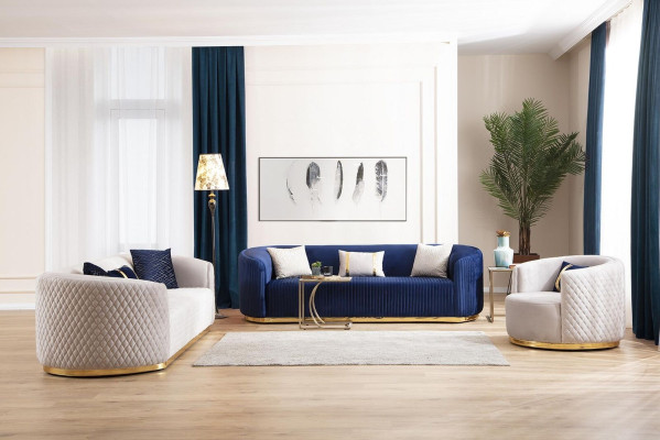 Sofasets trīsvietīgs krēsls no nerūsējošā tērauda mēbeles auduma sēdekli zils 3+3+1