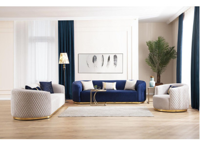 Sofasets trīsvietīgs krēsls no nerūsējošā tērauda mēbeles auduma sēdekli zils 3+3+1