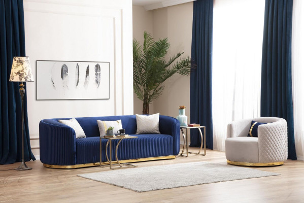 Sofasets trīsvietīgs krēsls no nerūsējošā tērauda mēbeles auduma sēdekli zils 3+3+1