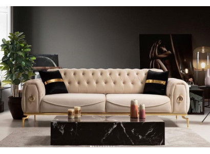 Moderns Chesterfield dīvāns ar trim sēdvietām, auduma mēbeles, nerūsējošā tērauda mēbeles, dīvāns