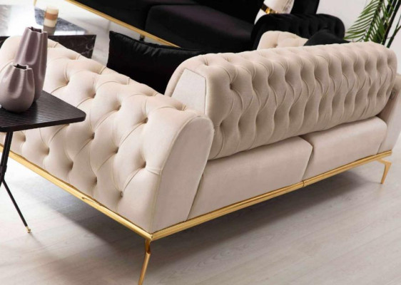 Moderns Chesterfield dīvāns ar trim sēdvietām, auduma mēbeles, nerūsējošā tērauda mēbeles, dīvāns