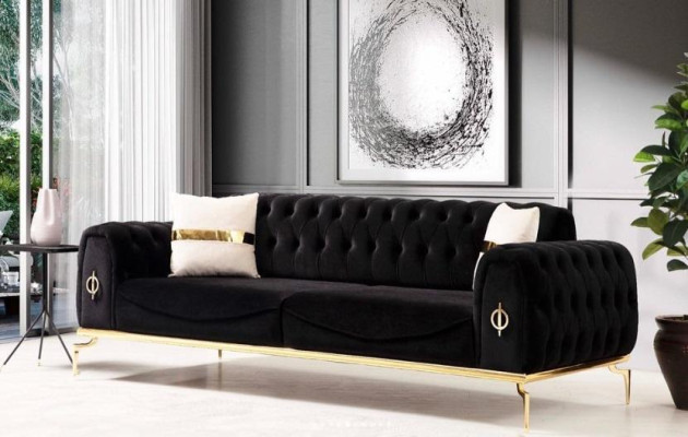 Sofas komplekts Luksusa Chesterfield Sēdvietas komplekts ar trim sēdvietām Melns 3+3 Sēdvietas