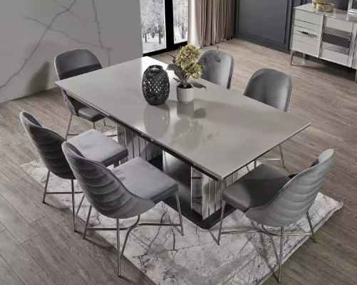 Pilka ēdamistabas mēbeles ēdamgalda krēsli komplekts ēdamgrupa modernas mēbeles
