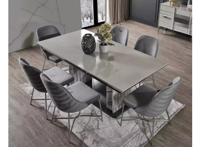 Pilka ēdamistabas mēbeles ēdamgalda krēsli komplekts ēdamgrupa modernas mēbeles