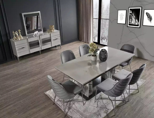 Pilka ēdamistabas mēbeles ēdamgalda krēsli komplekts ēdamgrupa modernas mēbeles