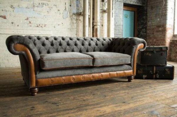 XXL Sofa 3 sēdvietu dīvāns Chesterfield polsteris komplekts natūralā ādā un audumā Jauns pelēks