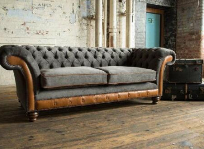 XXL Sofa 3 sēdvietu dīvāns Chesterfield polsteris komplekts natūralā ādā un audumā Jauns pelēks