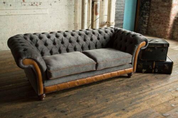 XXL Sofa 3 sēdvietu dīvāns Chesterfield polsteris komplekts natūralā ādā un audumā Jauns pelēks