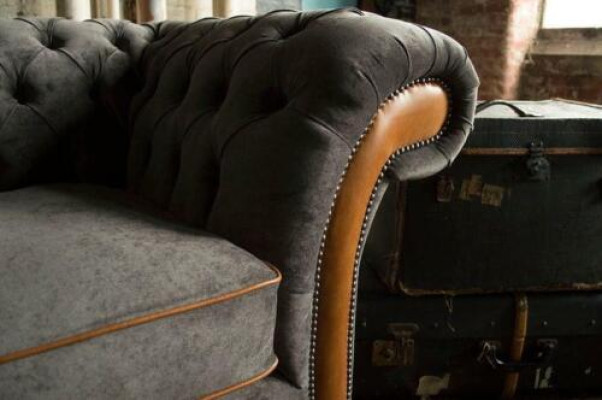 XXL Sofa 3 sēdvietu dīvāns Chesterfield polsteris komplekts natūralā ādā un audumā Jauns pelēks