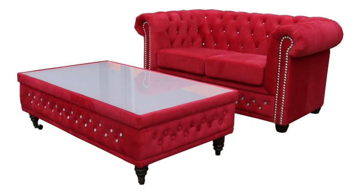 Chesterfield auduma dīvāns ar diviem sēdvietām, sarkanā krāsā
