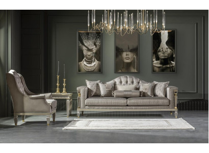 Dzīvojamās istabas komplekts Pelēka Sofas komplekts Elegants Krēsls Moderns Galda galds Jauns 3 daļas.