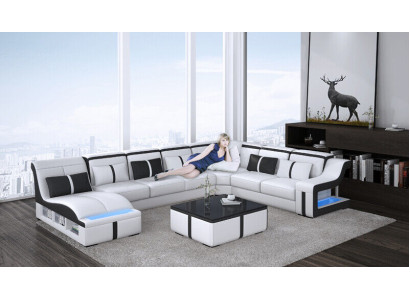 Dizaina stūra sofa U formas gaismota dīvāns ādas un auduma materiālā Jauns dzīvojamais reģions ar LED apgaismojumu