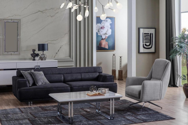 Sofas komplekts ar trīs vietas dīvānu un krēslu. Dizainera mēbelēs dzīvojamā istabas dīvāns.