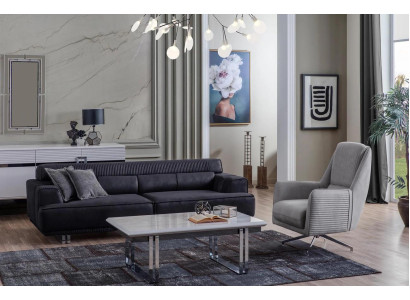 Sofas komplekts ar trīs vietas dīvānu un krēslu. Dizainera mēbelēs dzīvojamā istabas dīvāns.