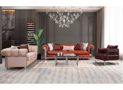 Chesterfield Dīvāngarnitūra ar trim vietām Brūna dīvāngarnitūra pārklāta dīvāna sofa