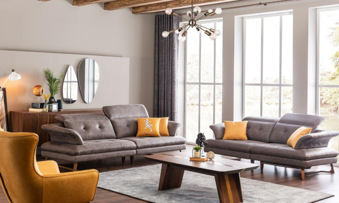 Sofas komplekts ar 3 vienvietīgajiem dīvāniem, moderns pelēks krēsls.