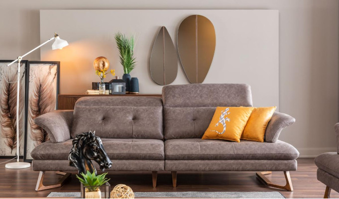 Sofas komplekts ar 3 vienvietīgajiem dīvāniem, moderns pelēks krēsls.