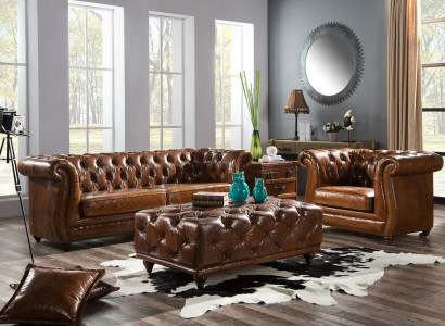 Veco Chesterfield dīvānu komplekts ar čības dīvānu, dīvānu, ādas dīvānu 3+1 vietas komplekts 2 gab.