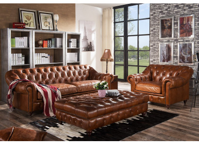 Veļas Chesterfield Sofa komplekts ar polsterētu dīvānu, 3+1 sēdvietas komplekts, 2 gabali no ādas.