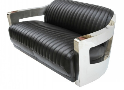 Ādas dīvāns ar trim sēdvietām, kanapē, gultasistaba, aviatora lidmašīnu alumīnija mēbeles vintage