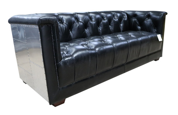 Sofa Chesterfield 3-vietīgs vintage lidmašīnas ādas alumīnija dīvāns