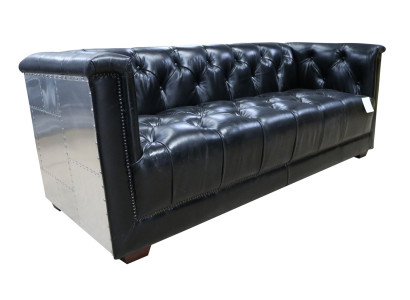 Sofa Chesterfield 3-vietīgs vintage lidmašīnas ādas alumīnija dīvāns