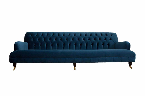 Greznas dizainera gultas stils Chesterfield stilā ar četriem sēdvietām zilā krāsā