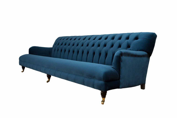 Greznas dizainera gultas stils Chesterfield stilā ar četriem sēdvietām zilā krāsā
