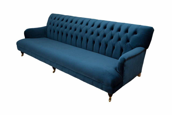 Greznas dizainera gultas stils Chesterfield stilā ar četriem sēdvietām zilā krāsā