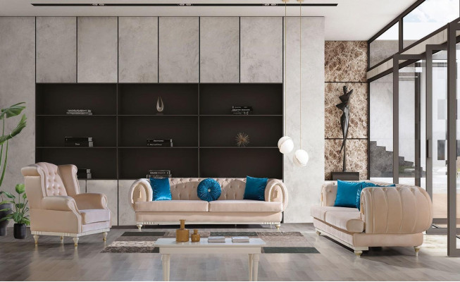 Beža divguļamā sofa 3+2+1 sēdvieta luksusa auduma dīvāns stilīgai mēbelei