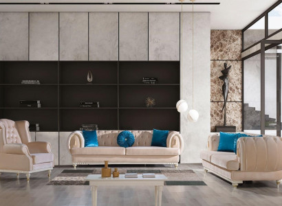 Beža divguļamā sofa 3+2+1 sēdvieta luksusa auduma dīvāns stilīgai mēbelei