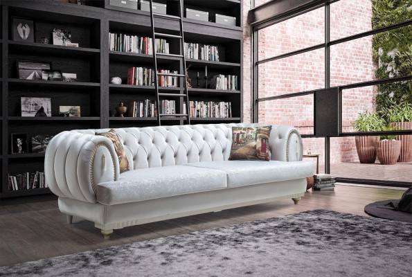 Balts Chesterfield trīsvietīgs moderns dīvāns Stilīga dzīvojamā istaba Dīvāns