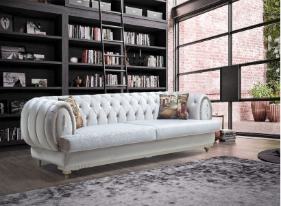 Balts Chesterfield trīsvietīgs moderns dīvāns Stilīga dzīvojamā istaba Dīvāns