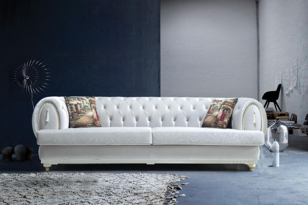 Balts Chesterfield trīsvietīgs moderns dīvāns Stilīga dzīvojamā istaba Dīvāns