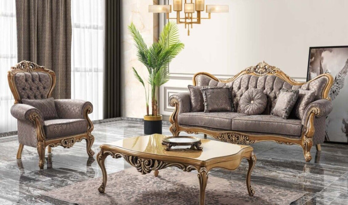 Chesterfield divvietīgs dīvāns ar krēslu auduma galds pelēks dīvāns