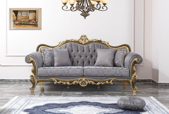 Chesterfield dīvāngarnitūras polsterkiria zils trīsdurvju krēsls komplekts.