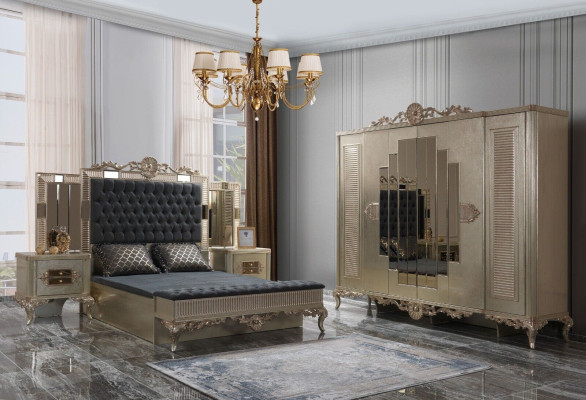 Divu personu gultas Chesterfield Luksusa guļamistabas komplekts Gulta 5 daļas Zelta gultas