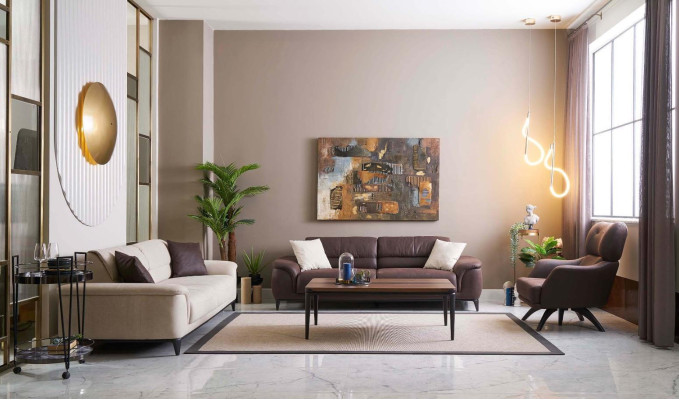Pildspalda Sofa Komplicētā sēdeklis Dīvāns Krēsls Auduma dīvāns komplekts 3 gabalos Brūns audums