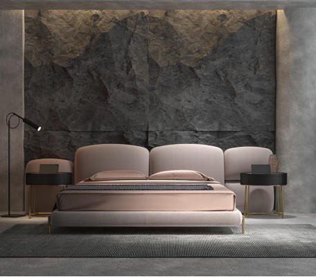 Lielā guļamistaba divguļamā gulta ar dizainera platu auduma galvada apdari.