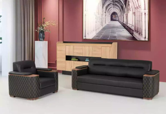 Biroja mēbeles trīsvietīga dīvāns Melna luksusa mīkstā sofa Darba telpa Jauna