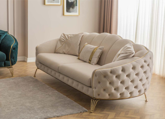 Moderns Chesterfield Beige dzīvojamā istabas dīvāngarnitūra x2 ar 3 sēdvietu mīkstajiem krēsliem