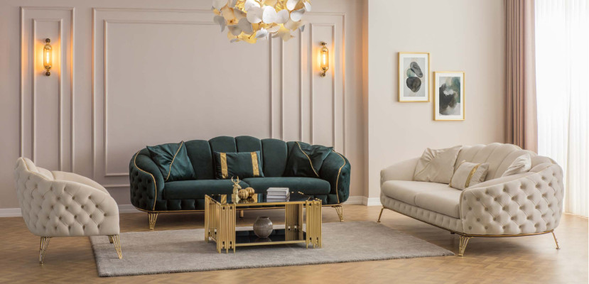 Moderns Chesterfield Beige dzīvojamā istabas dīvāngarnitūra x2 ar 3 sēdvietu mīkstajiem krēsliem