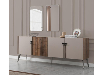 Moderns Bežs galds Luksusa Sideboard 2x Spieģis Koka mēbeles Kredence